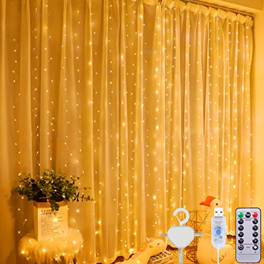 Amzeeniu String Light Curtain 3m X 3m, 300 LED USB String Light Curtain 8 módů s dálkovým ovládáním, 10 háčků, LED Fairy Lights,